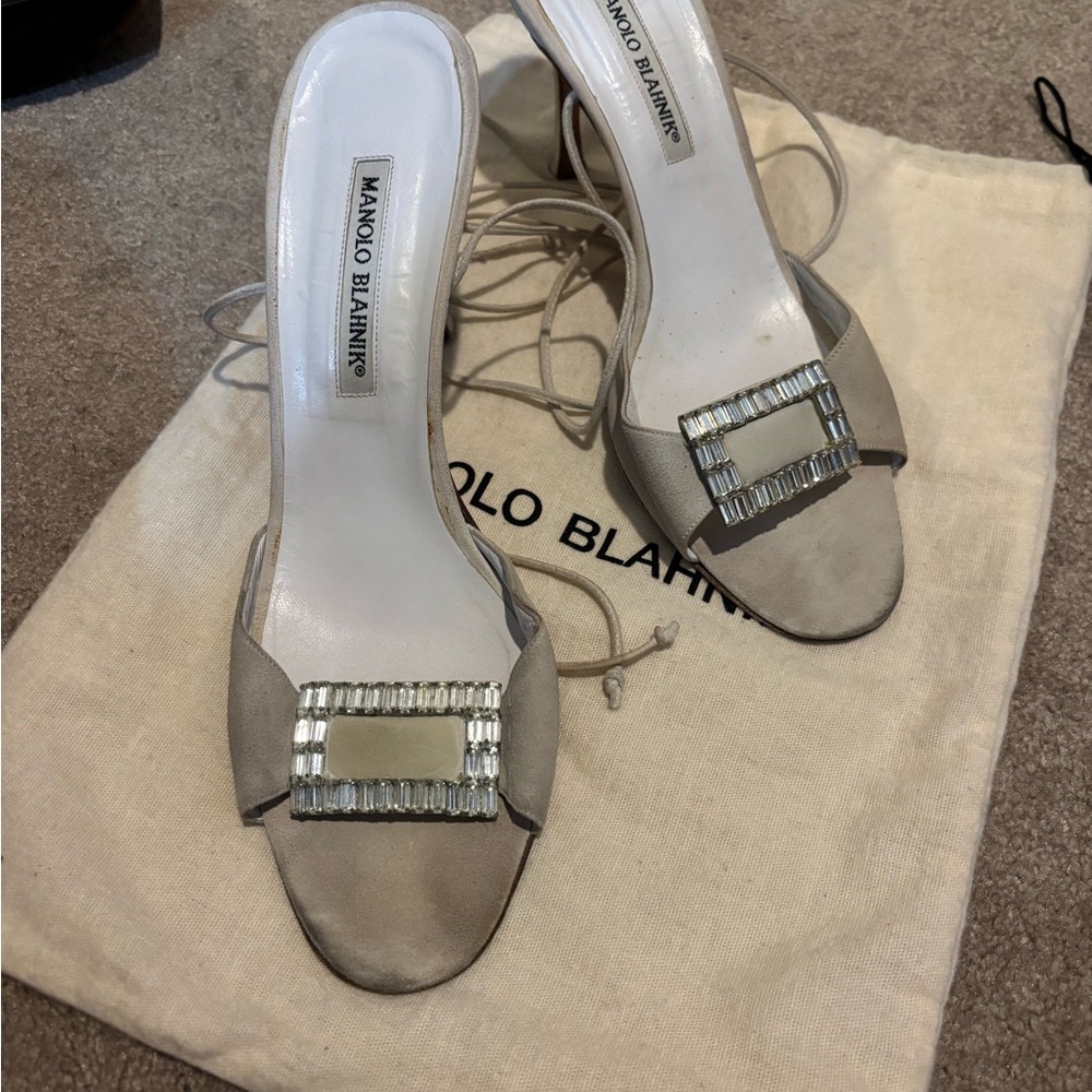 Manolo Blahnik Suede Heels with Crystal Embellishment